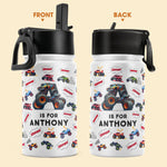 Monster Truck, Unicorn Alphabet - Personalized Kids Water Bottle With Straw Lid