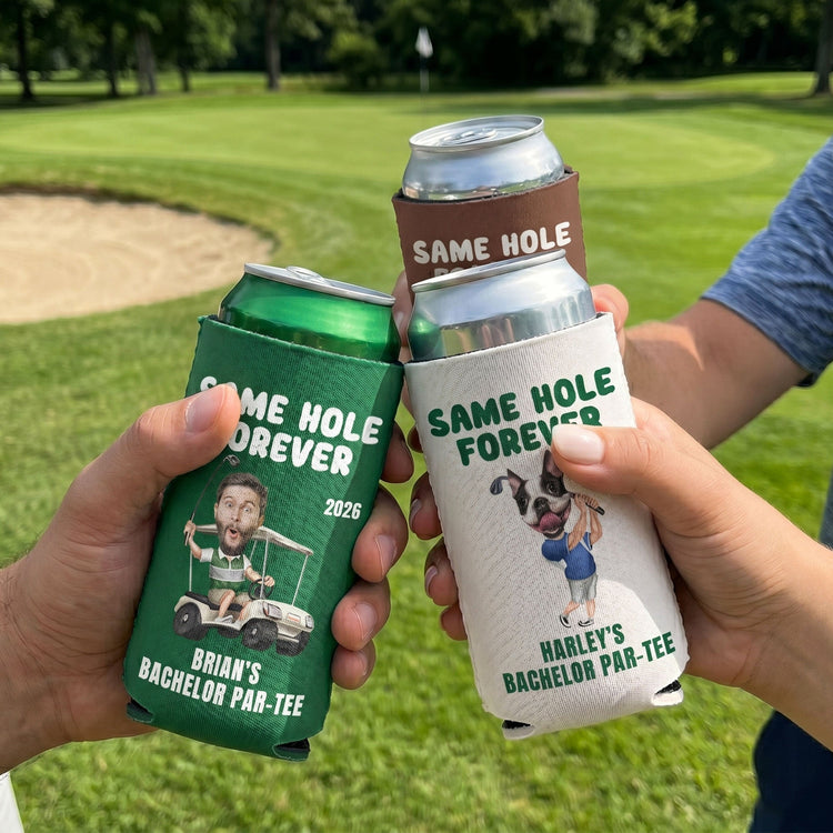 Same Hole Forever Golf Bachelor Party Favors - Custom His Funny Face - Personalized Can Cooler