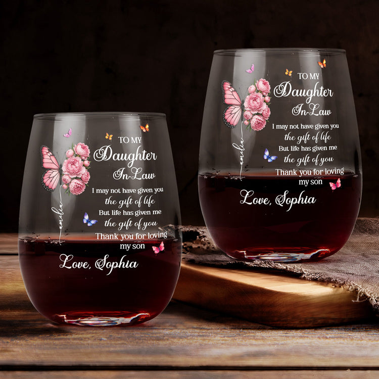 To My Daughter In Law Thank You For Loving My Son - Wedding Gifts From Mother-In-Law - Personalized Wine Glass